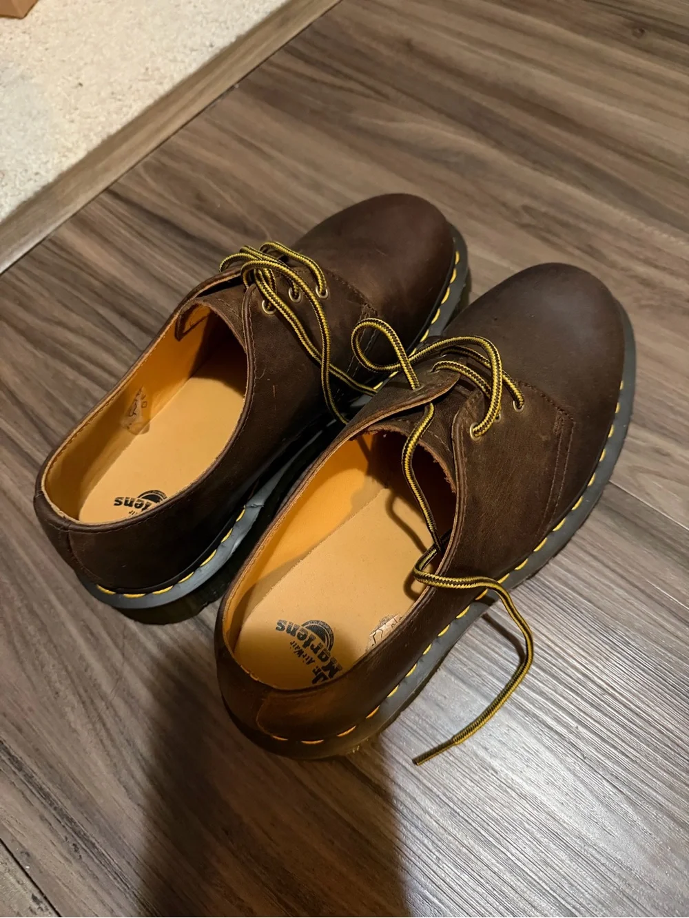 Dr. Martens Brown Leather Lace-Up Flats with Yellow Stitching